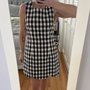 Sleeveless Navy and Cream Gingham Mini Dress with Scalloped Hem